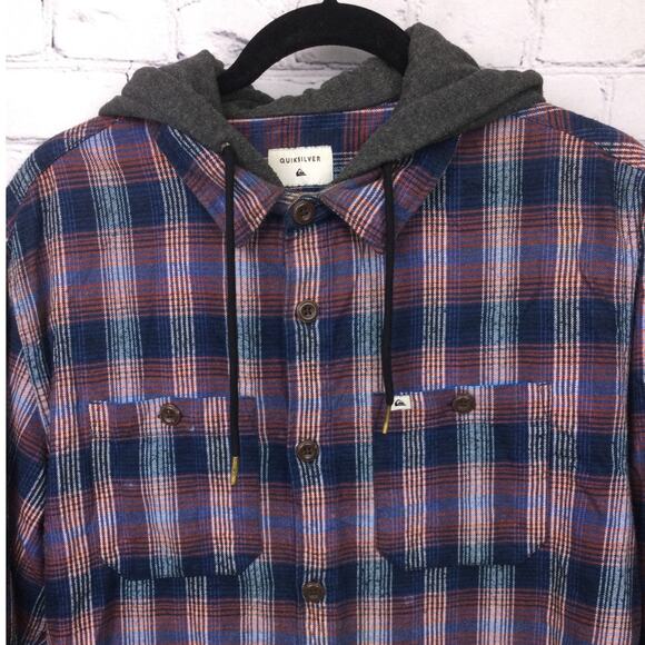 Quick Silver 90s Skater Hooded Blue Plaid Old Loggers Flannel Shirt Men's Size M - Picture 2 of 12